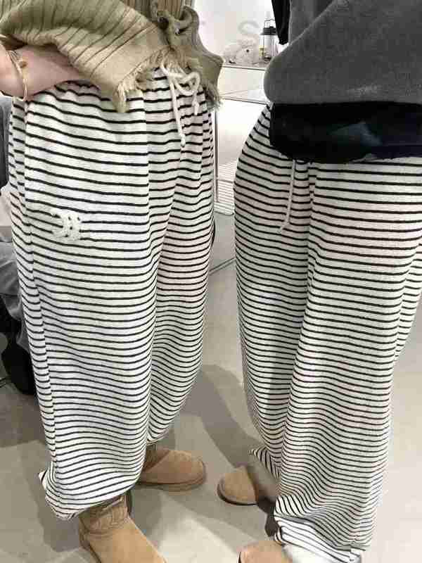 

Women's Pants & Capris designer Versatile ~22 Autumn/Winter New High Waist Elastic Drawstring Striped Wide Leg Women EOH8, Lambskin coat