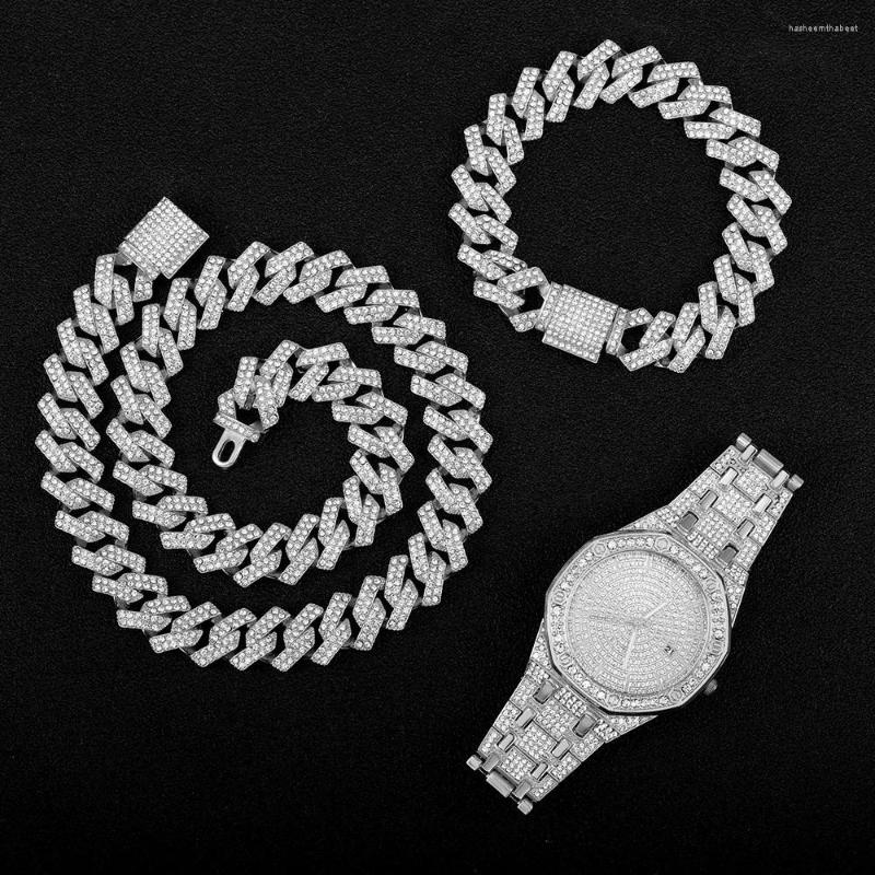 

Pendant Necklaces Hip Hop Gold Color Necklace Watch Bracelet Miami Curb Cuban Chain Iced Out Paved Rhinestones CZ Bling Rapper For Men