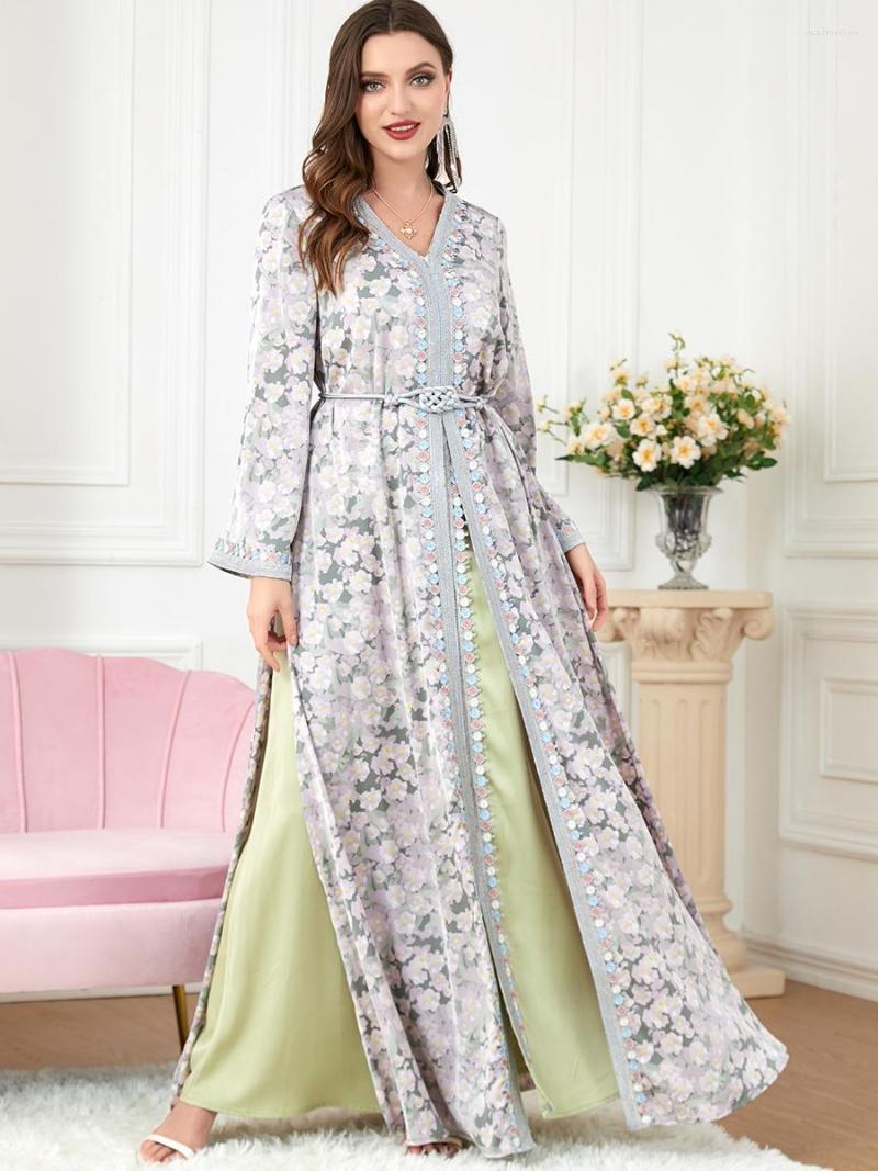 

Ethnic Clothing Ramadan Abaya Floral Moroccan Kaftan For Women Belted Muslim Set 2 Piece Long Dress Saudi Jalabiya Evening Gowns Dubai