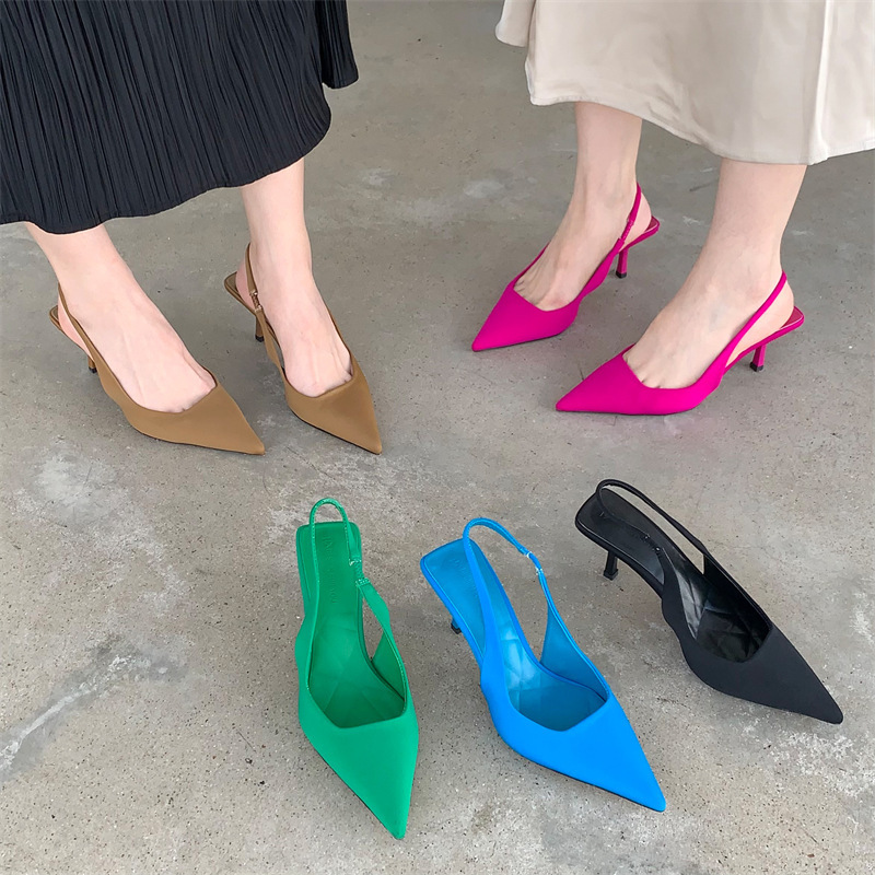 

Dress Shoes Women Summer Shoes Fashion Pointed Toe Stiletto Medium Heel High Heels Women Back Empty Toe Sandals Green Women's Shoes 230413