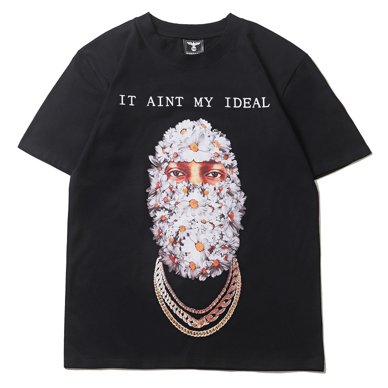 

Fashion Men's T-shirts Niche Design Strange Stories Chrysanthemum Portrait Printing Short Sleeved Tees, Black