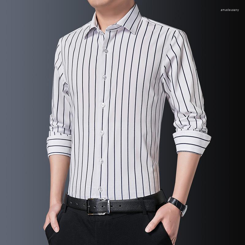 

Men's Casual Shirts Fashion Striped For Men Long Sleeve Slim Fit Office Work Shirt Turn-Down Collar Business Dress Clothing, White shirts men