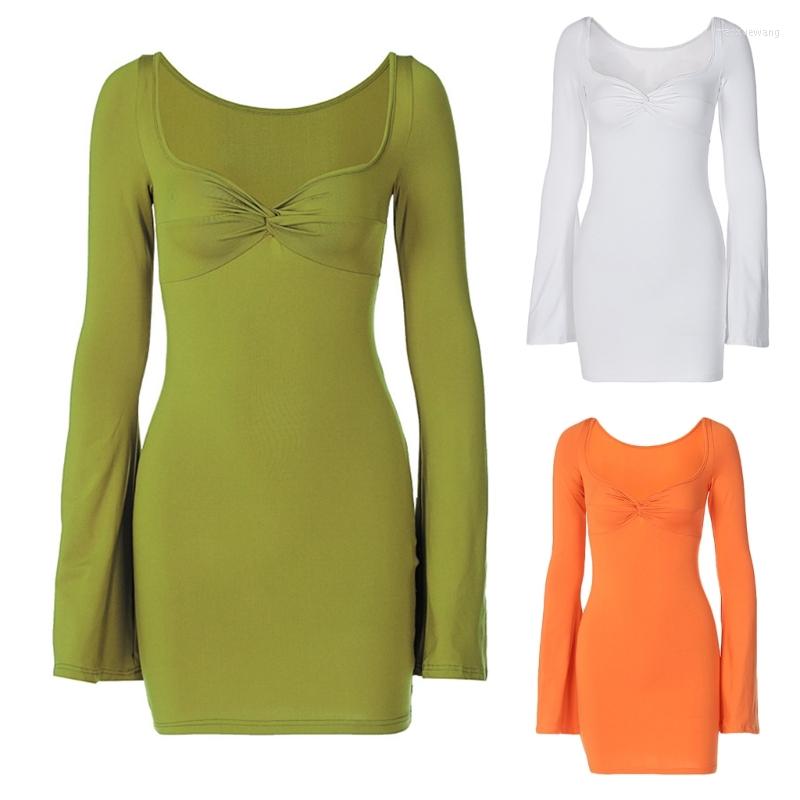 

Casual Dresses Womens Flared Long Sleeve Sweetheart Neck Twist Knotted Front Mini Bodycon Dress, Green