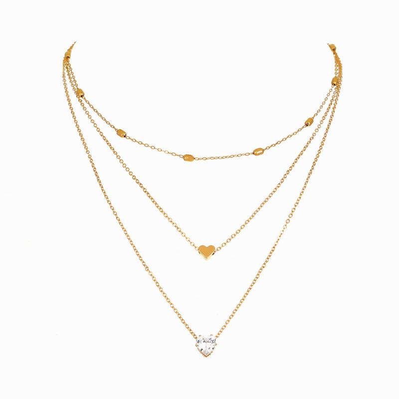 

Chains Designer Inspired 3 Layers Gold Tone Love Heart Crystals Stone Beaded Link Choker Collar Necklaces For Women