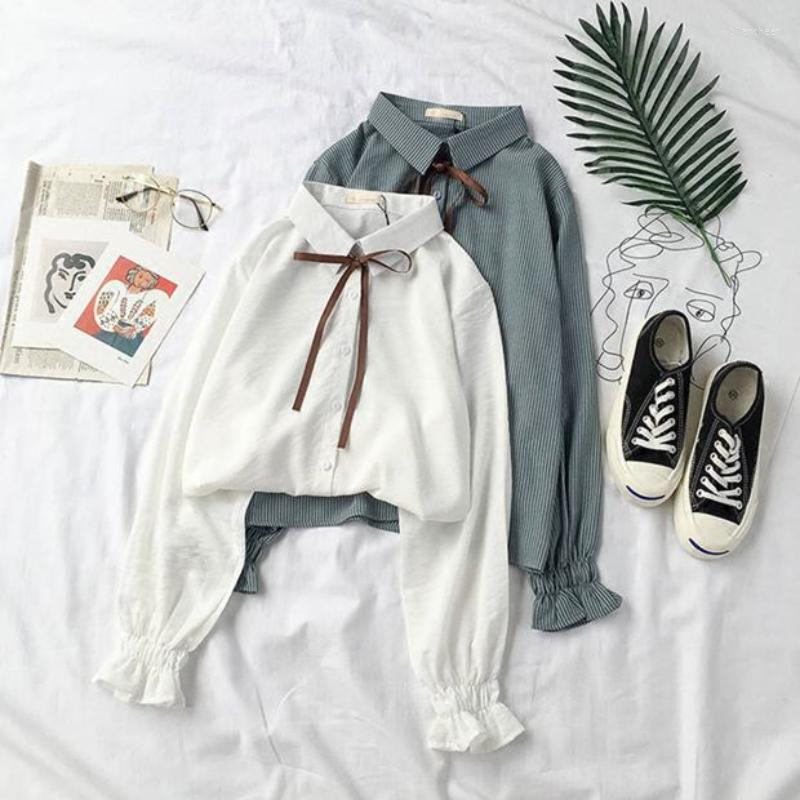 

Women' Blouses DAYIFUN Woman' Shirts Solid Sweet Casual Style Turn-down For Female Spring And Autumn Butterfly Sleeve Slim Woman Shirt, White