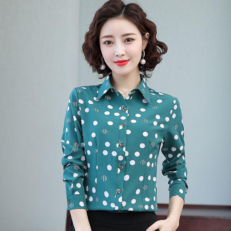 

Women' Blouses & Shirts Spring And Autumn Versatile Long Sleeve Shirt Korean Dot Print Slim Chiffon Casual Fashion Lady' T, Green