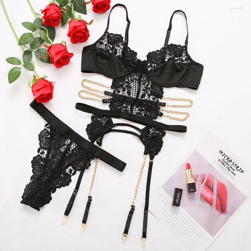 

Bras Sets Three Point Hollow Black Backless Lace Sexy Lingerie Suit For Women Bodysuit The Umbilical Cord Is Exposed Through