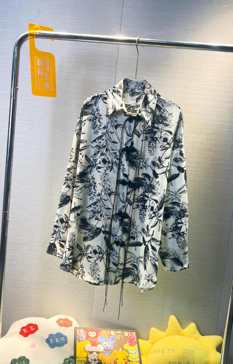 

Women's Blouses 2023 Spring Summer Women Long Sleeve Cardigans Coat Vintage Ink Printing Turn-down Collar Mid-long Casual Shirt Top, Photo color