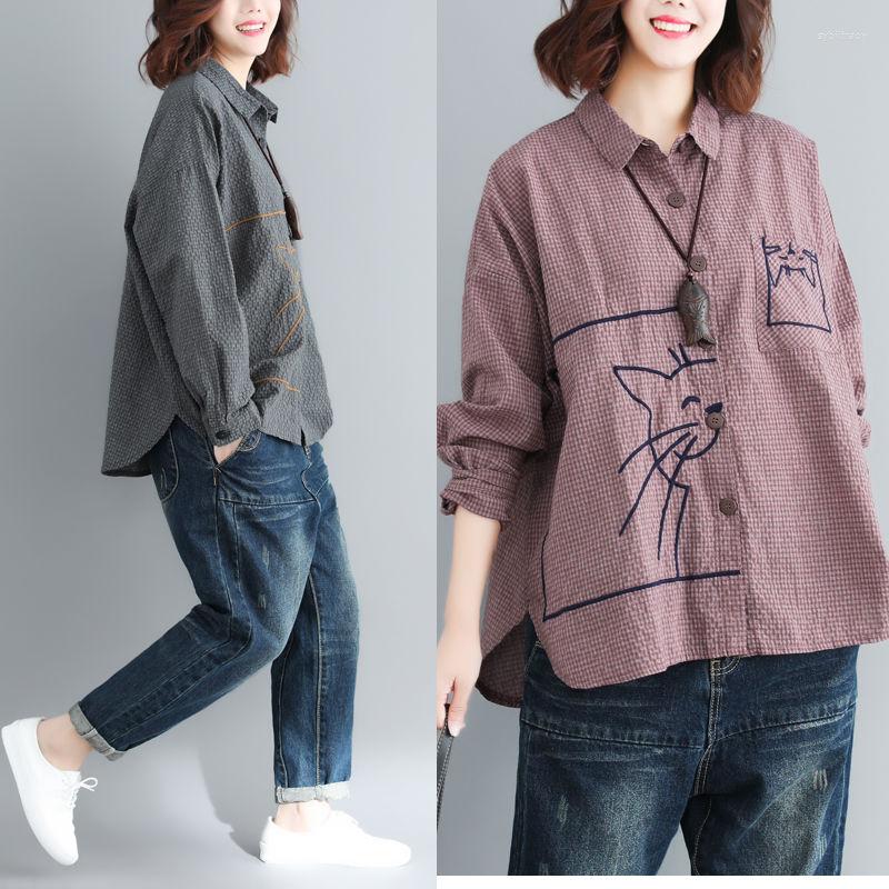 

Women's Blouses 2023 Arrival Spring Autumn Clothing Turn-down Collar Long Sleeve Cartoon Embroidery Cotton Linen Casual Shirts E476, Purple