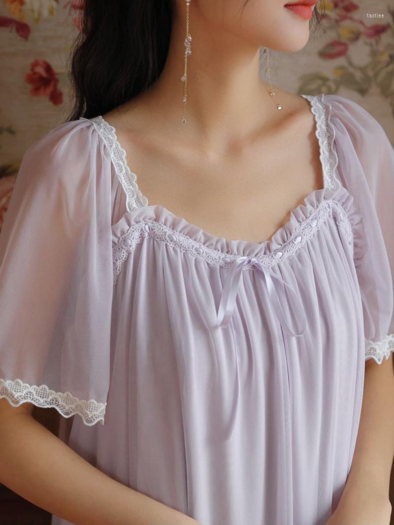 

Women's Sleepwear Women Summer Short Sleeve Pajama Victorian Night Dress Loose Retro Vintage Princess Lace Mesh Ruffles Modal Nightgowns, Purple