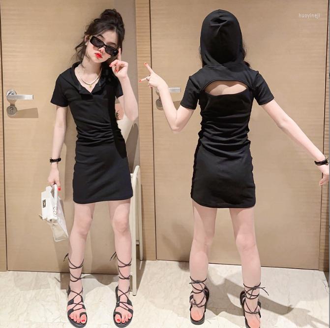 

Girl Dresses 2023 Girls Hooded Dress Summer Cotton Fashion 5-15 Years E615, Black