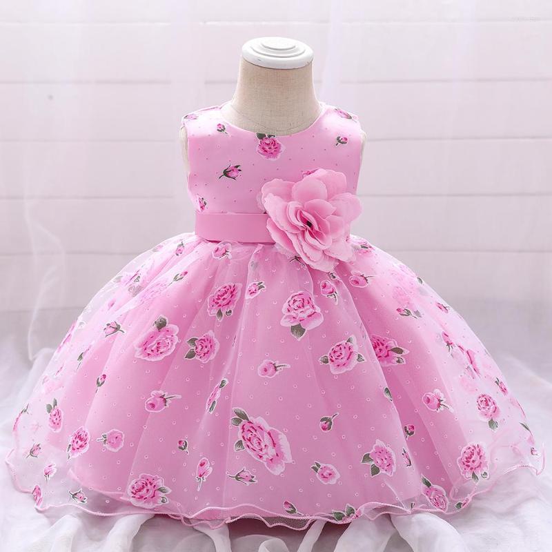 

Girl Dresses Christening Clothes For Baby Girls Rose Print Applique Dress Infants Lace 1 Year Birthday Princess Costume Party Wedding, Pink