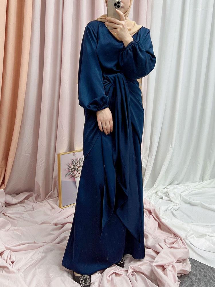 

Ethnic Clothing Eid 2 Pieces Abaya Dress Set Soft Satin Women Fashion Muslim Long Hijab Dresses With Wrap Skirt Suit Dubai Turkey Modest