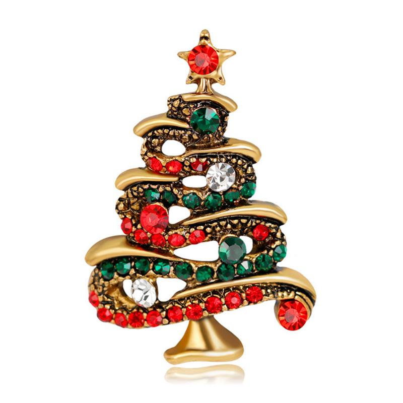 

Classic Rhinestone Christmas Tree Brooches Antique Gold Plated Alloy Women Girls Brooch Pins Jewelry Xmas Decor Accessories