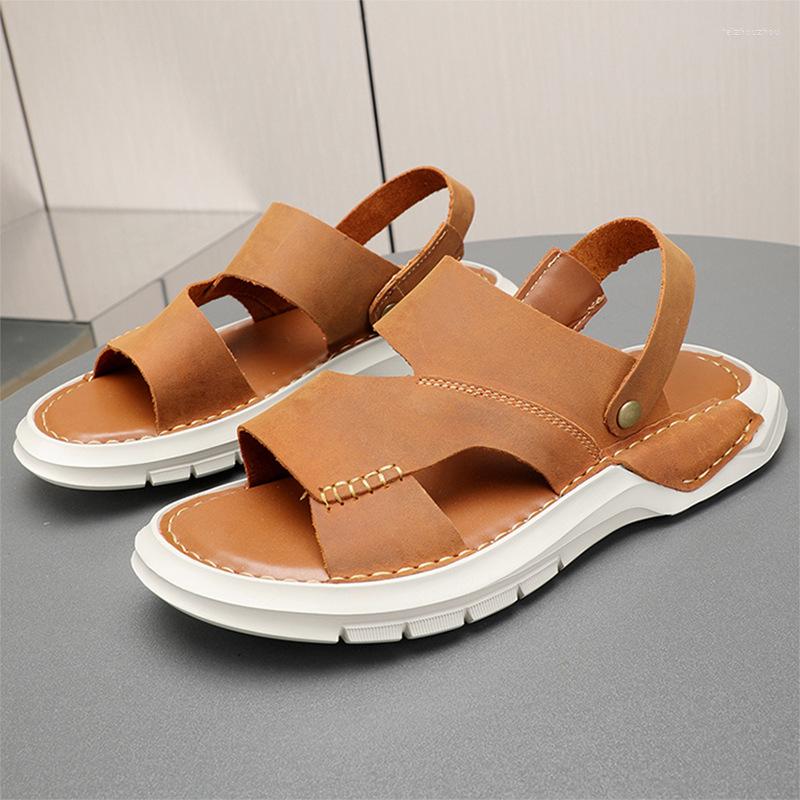 

Sandals Mature Men's Concise Leather Simple Hollow Out Summer Breathable Beach Shoes Casual Slides Businessman, Brown