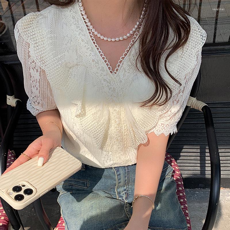 

Women' Blouses Fashion Puff Sleeve Blouse Casual Women Clothes Summer V-Neck Ruffles Stitching Lace Shirt Korean Solid Elegant Tops Mujer, Apricot