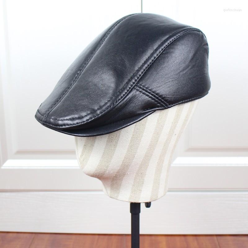 

Berets Men's Leather Beret Hat Autumn Winter Sheepskin Leisure High Quality Cap Middle Age Elderly Male Fashion Casual Hats H6969, Black