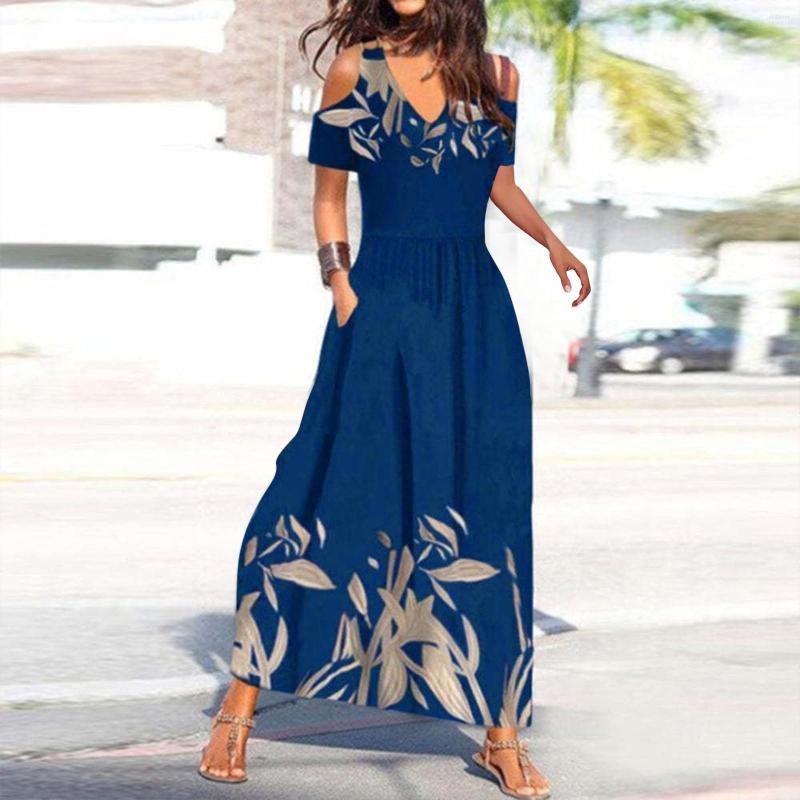 

Casual Dresses Fashion V-neck Backless Floral Print Long Dress 2023 Summer Ladies Strapless Short-sleeved Resort Style Outfits, Dark blue