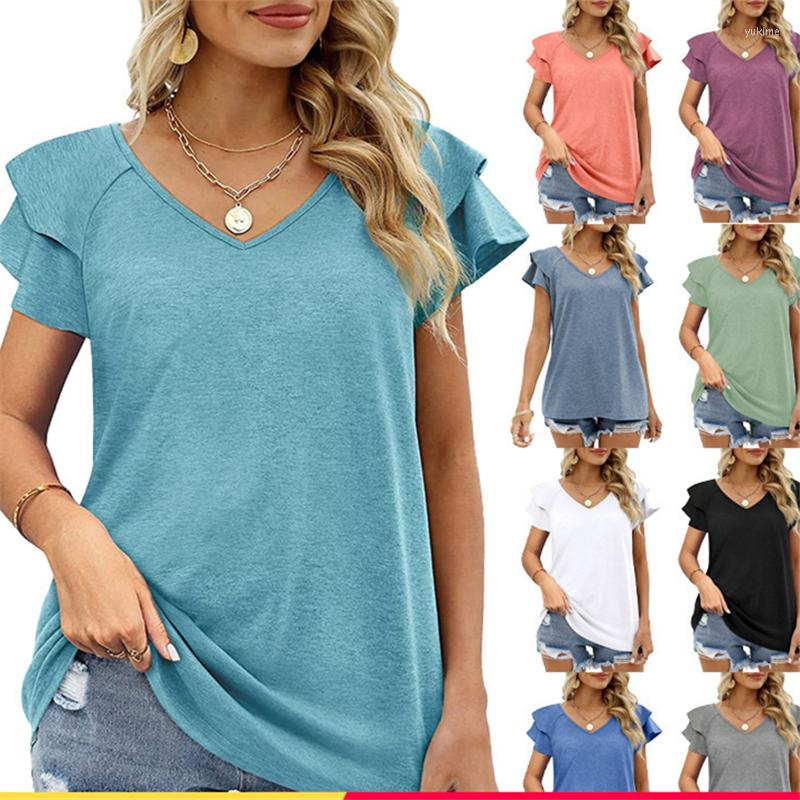 

Women' T Shirts 2023 Summer Fashion Solid V-Neck Double Ruffle Sleeve Loose Casual Top T-shirt Women' Trend H271, Black