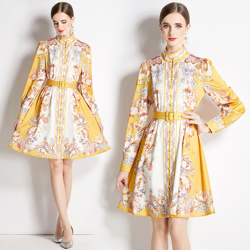 Women Retro Floral Designer Mini Dresses Lantern Sleeve Mock Neck Slim A-Line Vacation Dress with Belt 2023 Spring Autumn Ladies Street Style Cut-image-843397022