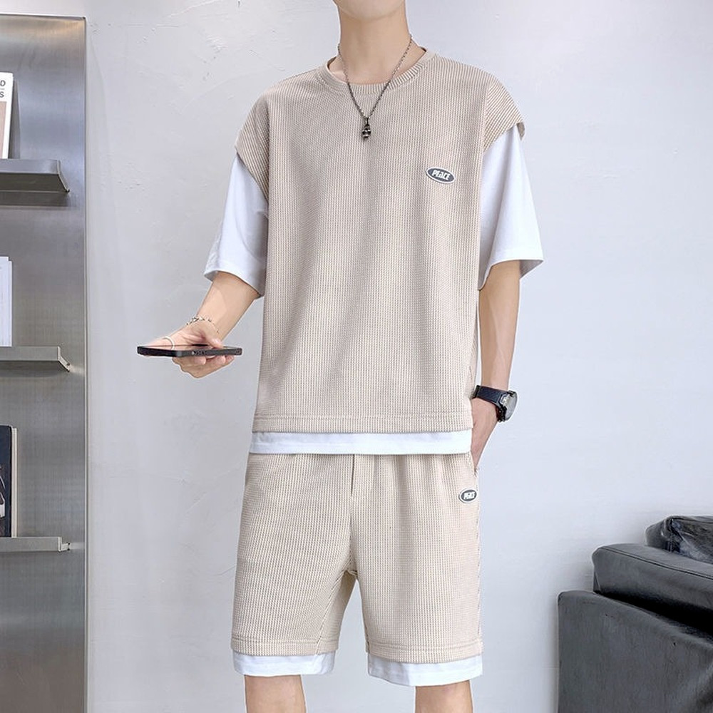 

Men's Tracksuits Summer Clothes Men Fake 2 Piece Set Fashion Clothing Casual Tshirt and Shorts Set Men Sports Wear Gym Clothes Athletic Training 230413, Khaki