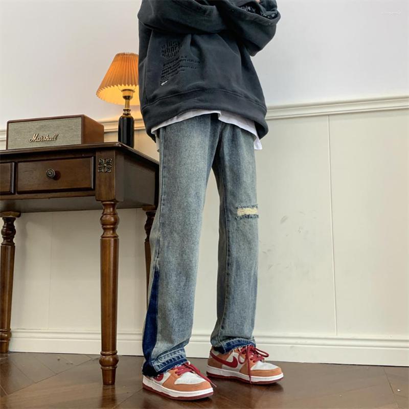 

Men' Jeans Trendy Denim Pants Men Straight Loose Baggy Trousers Streetwear Male High Street Hip Hop Patchwork Clothing, Blue