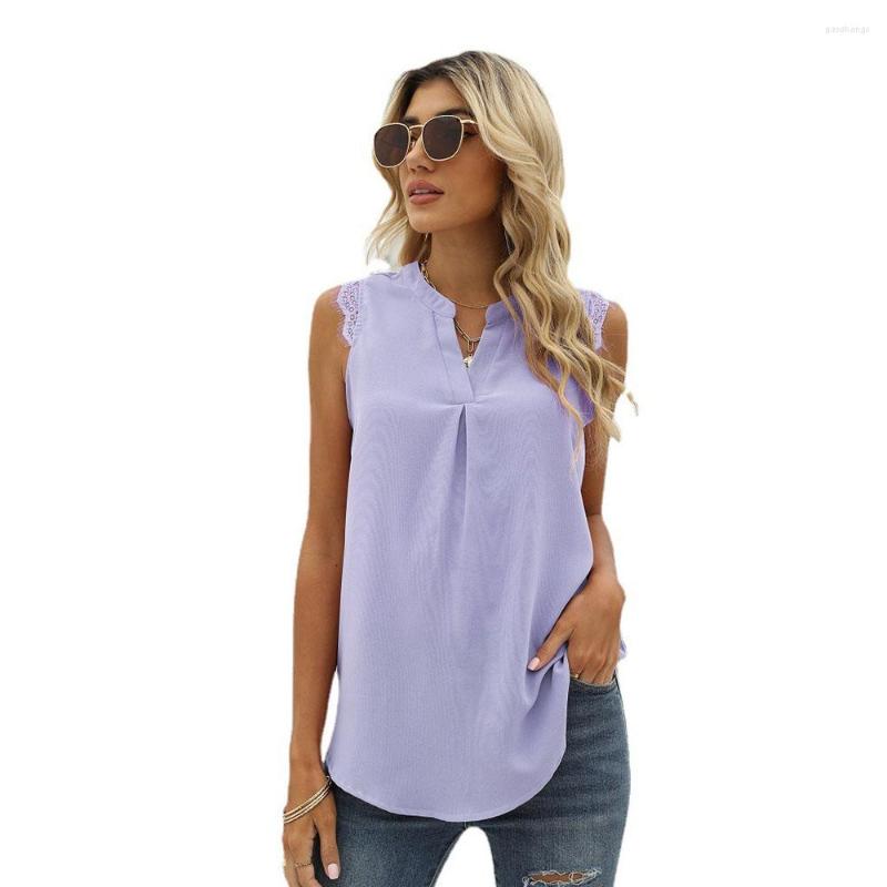 

Women's Blouses 2023 Summer Solid Sleeveless Blouse Women Fashion V Neck Lace Stitching Elegant Office Work Lady Shirts Casual Tops, Red