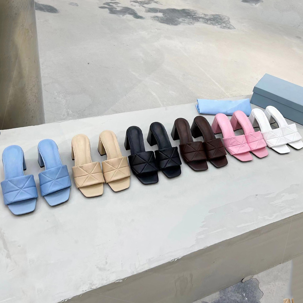 

Designer Sandals Quilted Nappa Sandal Women Slippers Triangle Embellished Summer Chunky Heel Flats Slides, 15