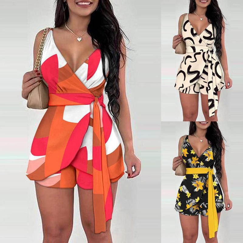 

Women' Tracksuits Women' Fashion Casual Summer Sleeveless Printed Two Piece Set With Belt, Beige