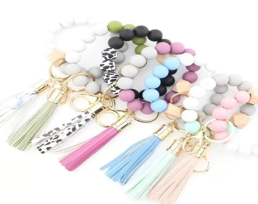 

Foreign trade food grade silicone beads bracelet keychain personalized tassel pendant key ring female multicolor optional 05188913567