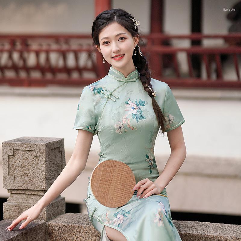 

Ethnic Clothing Elegant Chinese Style Floral Print Qipao Short Sleeve Long High Split Cheongsam Women Banquet Evening Dresses