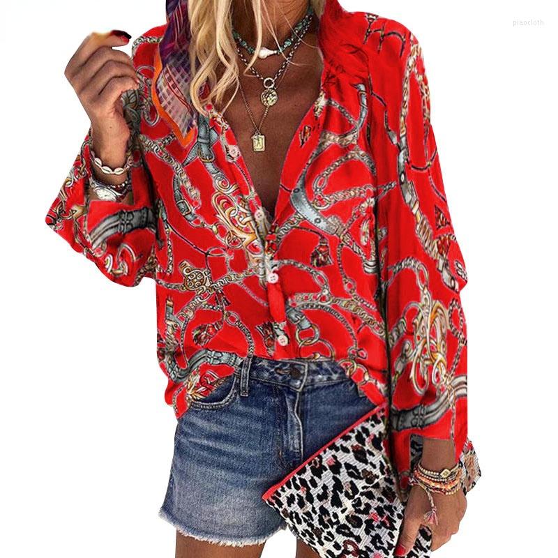 

Women's Blouses Women Blouse V-neck Long Sleeve Chains Print Loose Casual Shirts, Blue