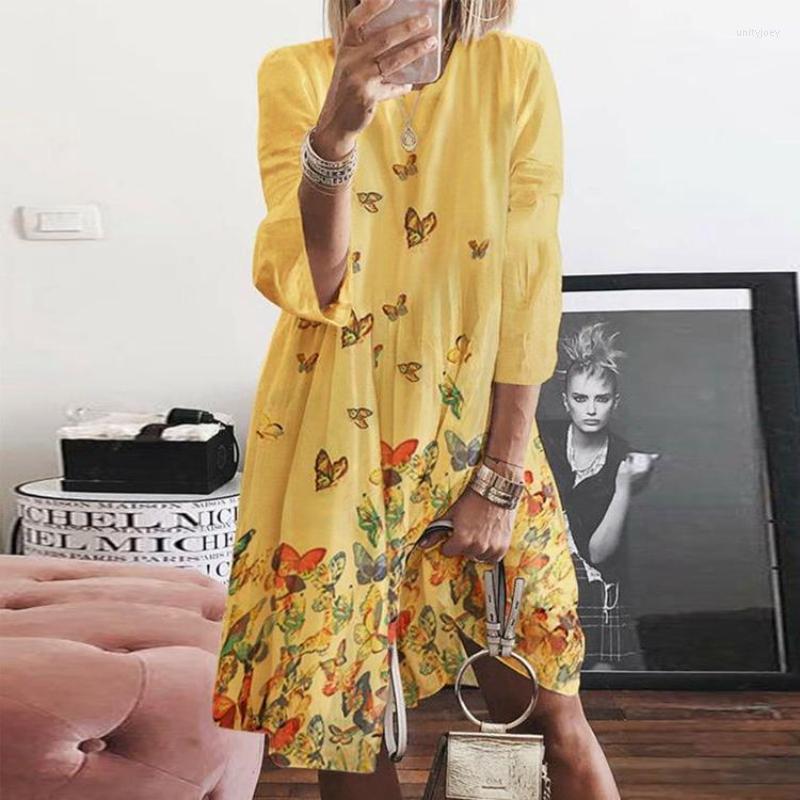 

Casual Dresses 2023 Spring Summer Fashion Vintage Butterfly Print O Neck Linen Dress Ruffle Long Sleeves Women Factory Store Outlet, Blue