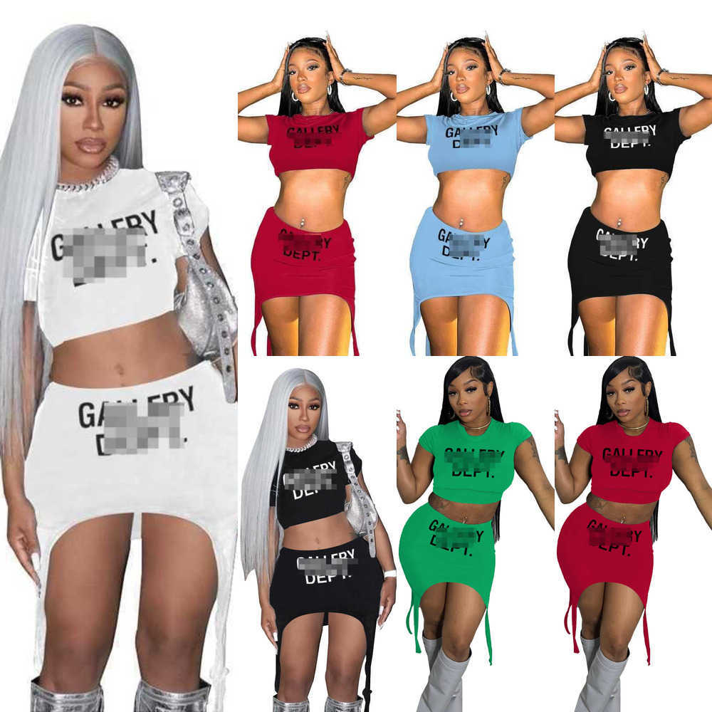 

Summer Casual Dresses Women Desinger Clothing Letter Print Exposed Navel Short Sleeve Crop Top And Irregular Half Skirt Suit, Green