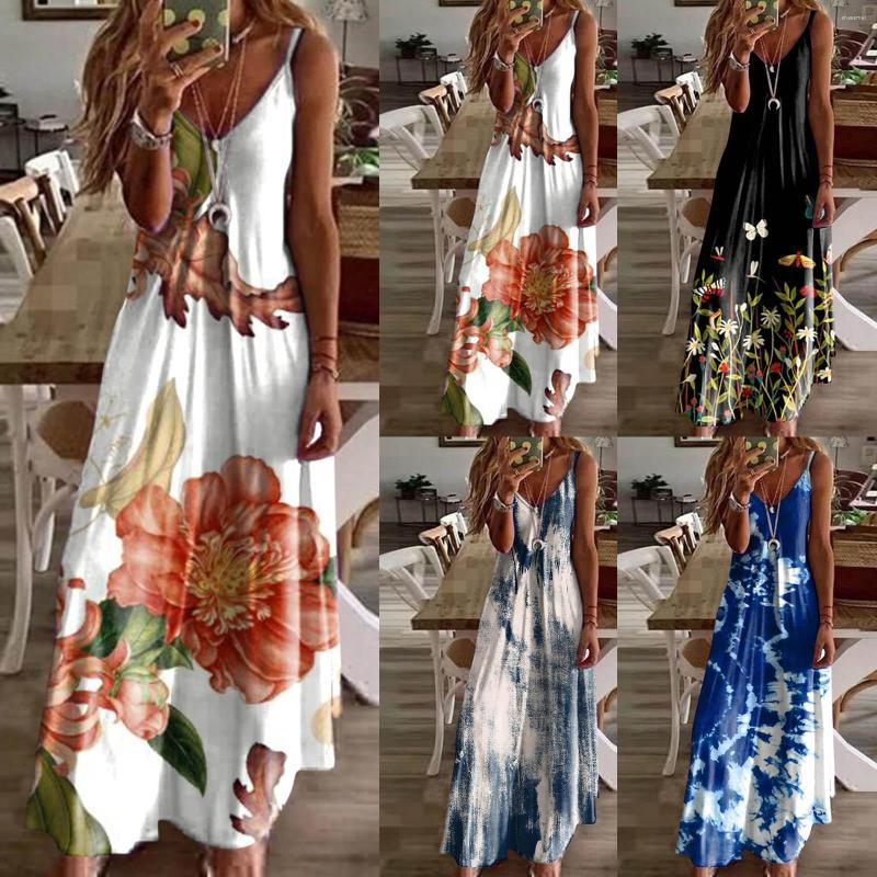 

Casual Dresses Women Summer Sleeveless Boho Sundress V Neck Fashion Flower Print Loose Long Skirt Comfortable Soft Suspender, Blue-1