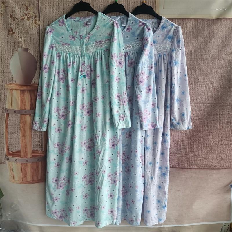 

Women' Sleepwear Nightgown For Women Long Gown Dress Knitted Flocking Cotton Ladies Sleeve Night Robe Flowers Very Large Size, Green flower