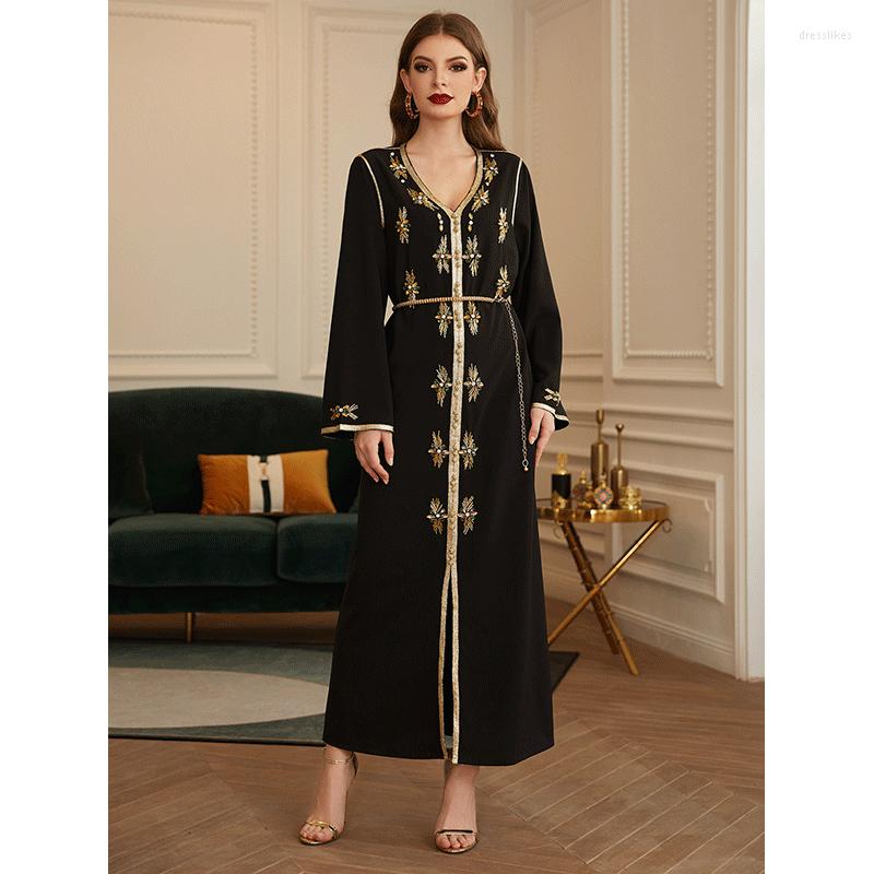 

Ethnic Clothing Moroccan Kaftan Abaya Muslim Women Gorgeous Rhinestones Long Sleeve V Neck Stylish Robe Party Gown Arab Dubai Indie Folk