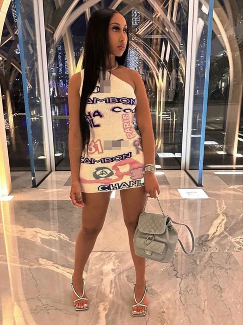 

Casual Dresses STYLISH LADY One Shoulder Letter Printed Dress Summer Women Sleeveless Bodycon Sexy Club Party Mini T Shirt Vestidos 230413, White