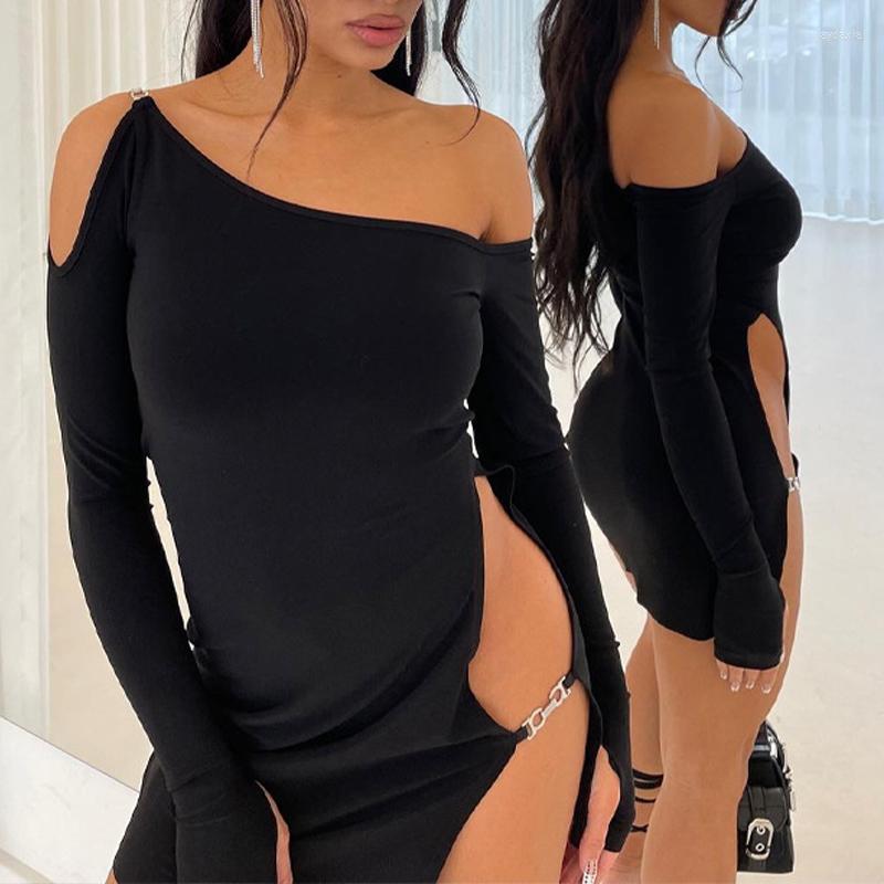 

Casual Dresses BKLD Sexy Diagonal Collar Irregular High Street Short Dress Spring Summer Off Shoulder Slim Cut Out Split Women' Club, Black