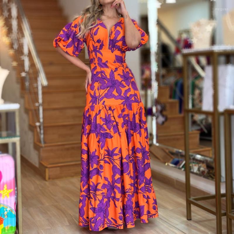 

Casual Dresses Elegant Commuter Ruffled Dress Fashion Print V-Neck 2023 European & American Women' INS High Waist Sweet