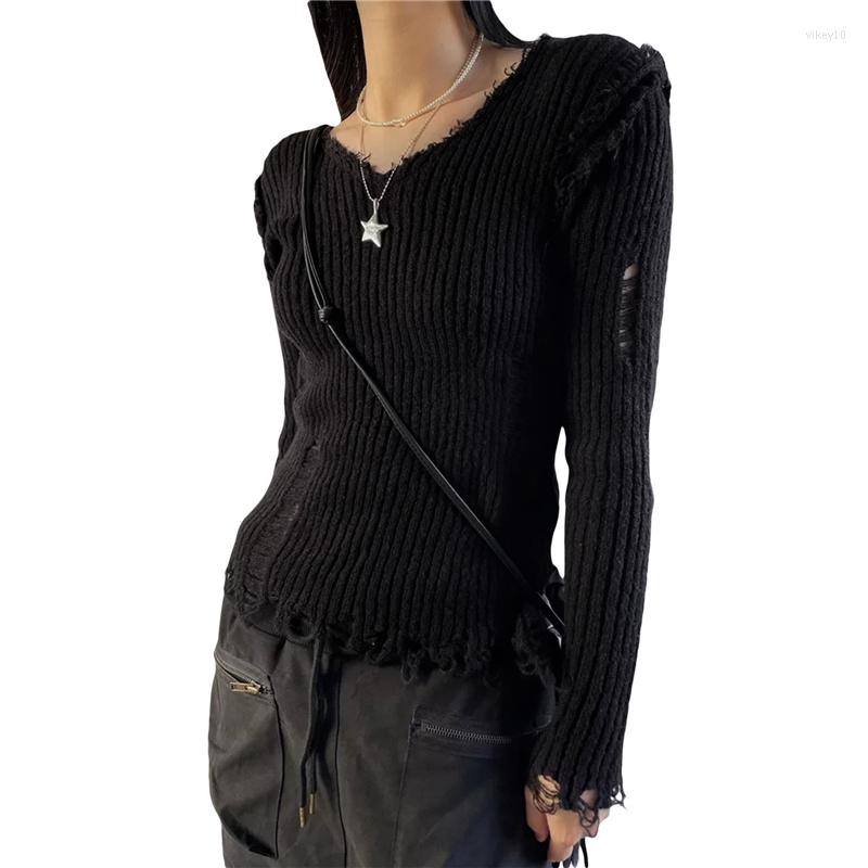 

Women' Sweaters Xingqing Ripped Y2k Aesthetic Women Solid Color V Neck Long Sleeve Tops Punk Gothic Clothes 2000s Knitwear Streetwear, As photo shows