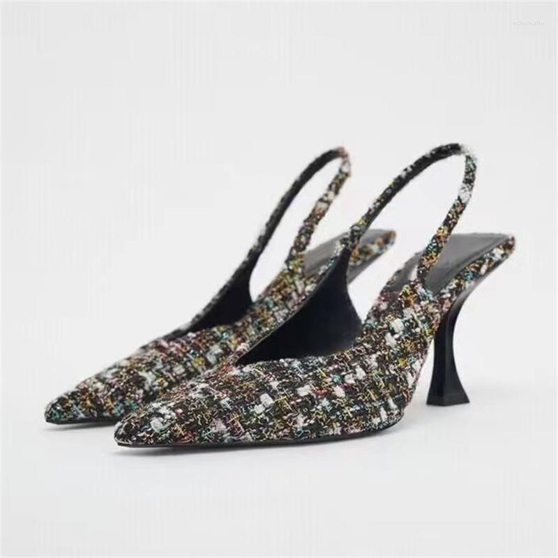 

Dress Shoes TRAF 2023 Woman's Color Weave Heels Pointed Slingback Stiletto Pumps Women French Temperament Back Strappy High Heeled, Black