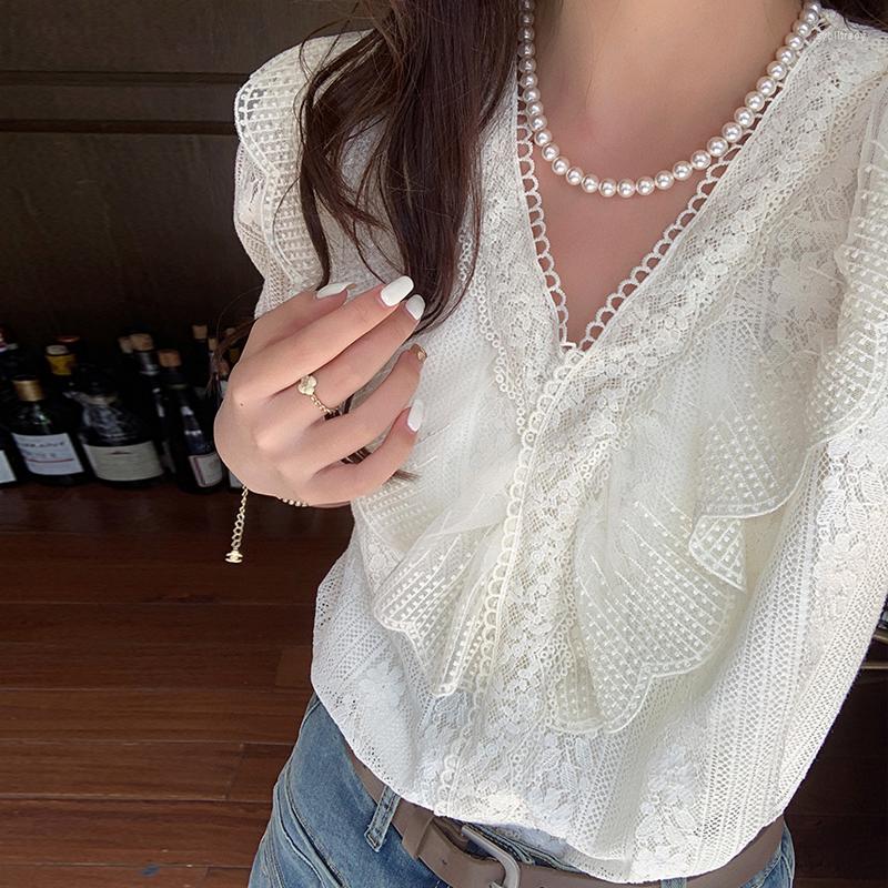 

Women' Blouses Women Lace Shirt Fashion Puff Sleeve Tops Sweet Apricot V-neck Ruffles Blouse Casual Korean Elegant Clothes Blusa Mujer