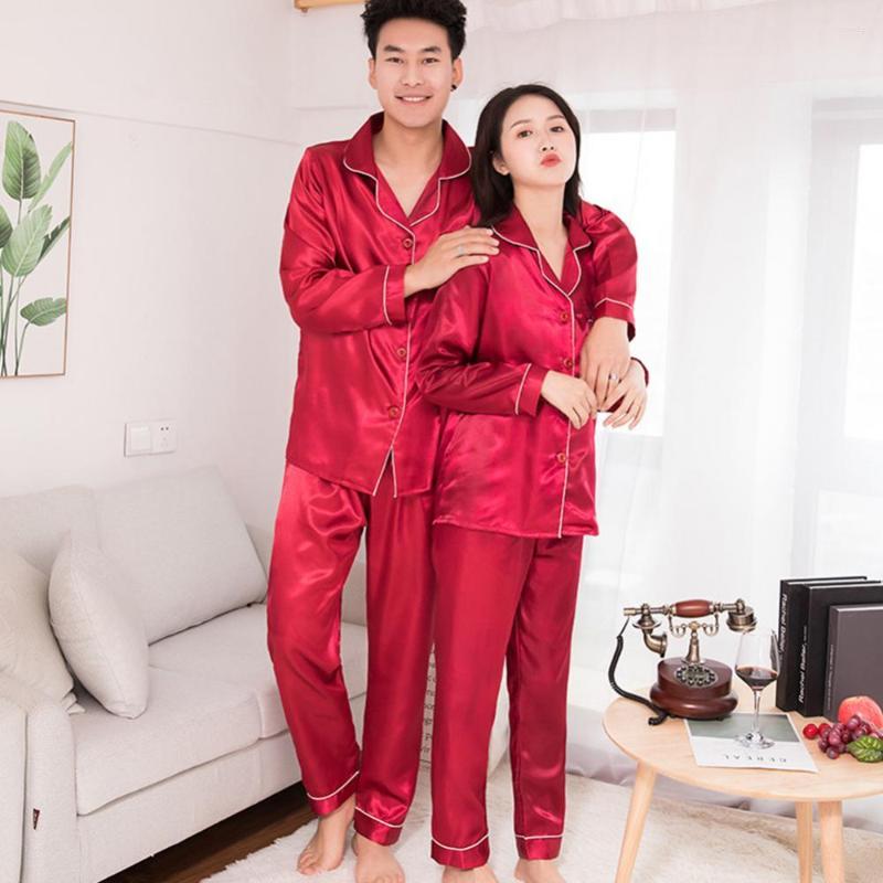 

Men's Sleepwear Silk Satin Men Pajamas Set Fashion Couple Solid Color Long Sleeve Suit, Navy blue