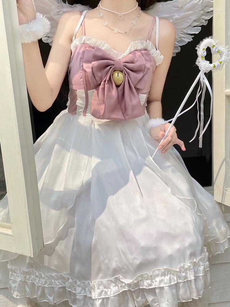 

Casual Dresses KIMOKOKM Vintage Ruffled Kawaii Small Bell Bow Sleeveless Princess Camisole Dress Japanese Girly Lolita JSK, One-piece coat