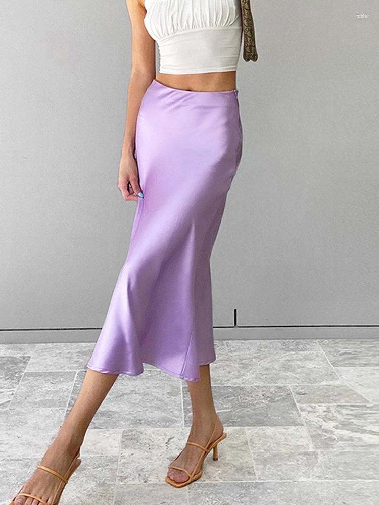 

Skirts Solid Purple Satin Silk Skirt Women High Waisted Summer Long Elegant Ladies Office Midi Spring