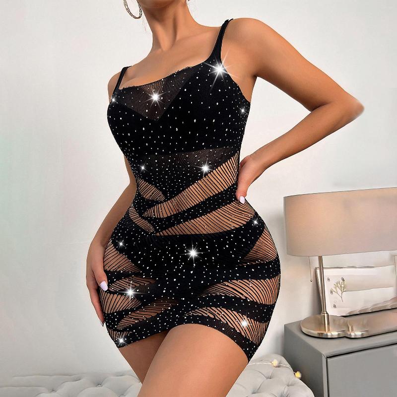 

Casual Dresses SKMY Diamond Dress Sexy Lingerie Women Spaghetti Strap Sleeveless Hollow Out Mesh See-Through Bodycon Party Clubwear, Coffee