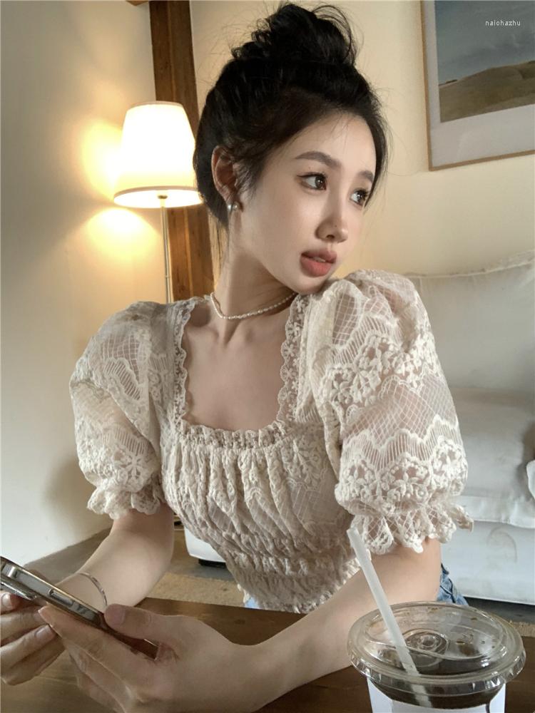 

Women' Blouses Korobov Sweet Vintage Lace Square Collar Y2k Top Summer Hook Flower Puffed Sleeve Short Shirts Korean Fashion Camisas, Apricot