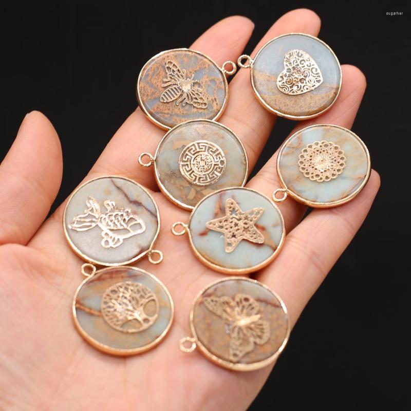 

Pendant Necklaces Natural Stone Ocean Ore Round Gilded Edges For Jewelry MakingDIY Necklace Earring Accessories Healing Gems Charm Gift1PC