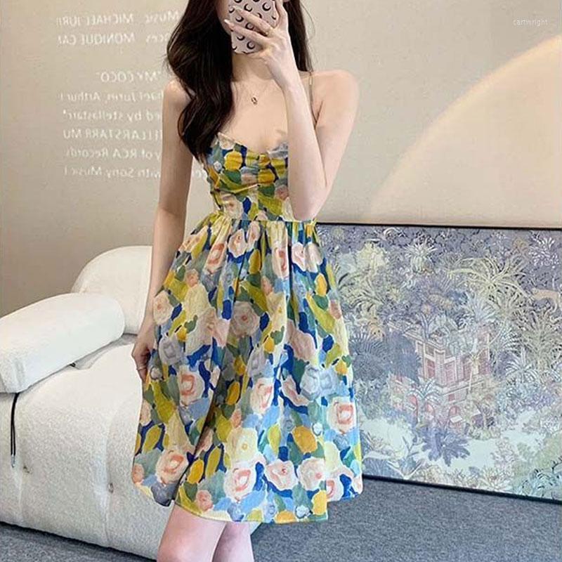 

Casual Dresses Beach Style Broken Flowers Printed Slip Dress Summer Fashion Sexy Backless Bandage Women's Clothing Vintage Folds Mini, Picture color